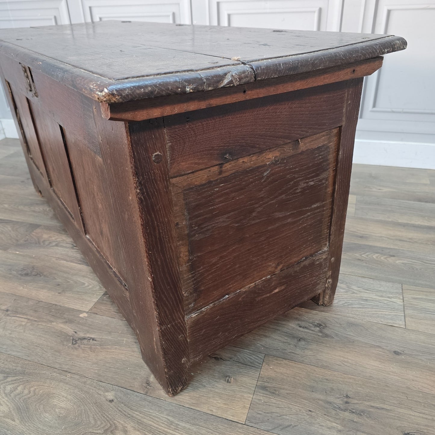 Antique Oak Coffer Trunk - Panelled Blanket Box Chest - 18th Century Solid Wood
