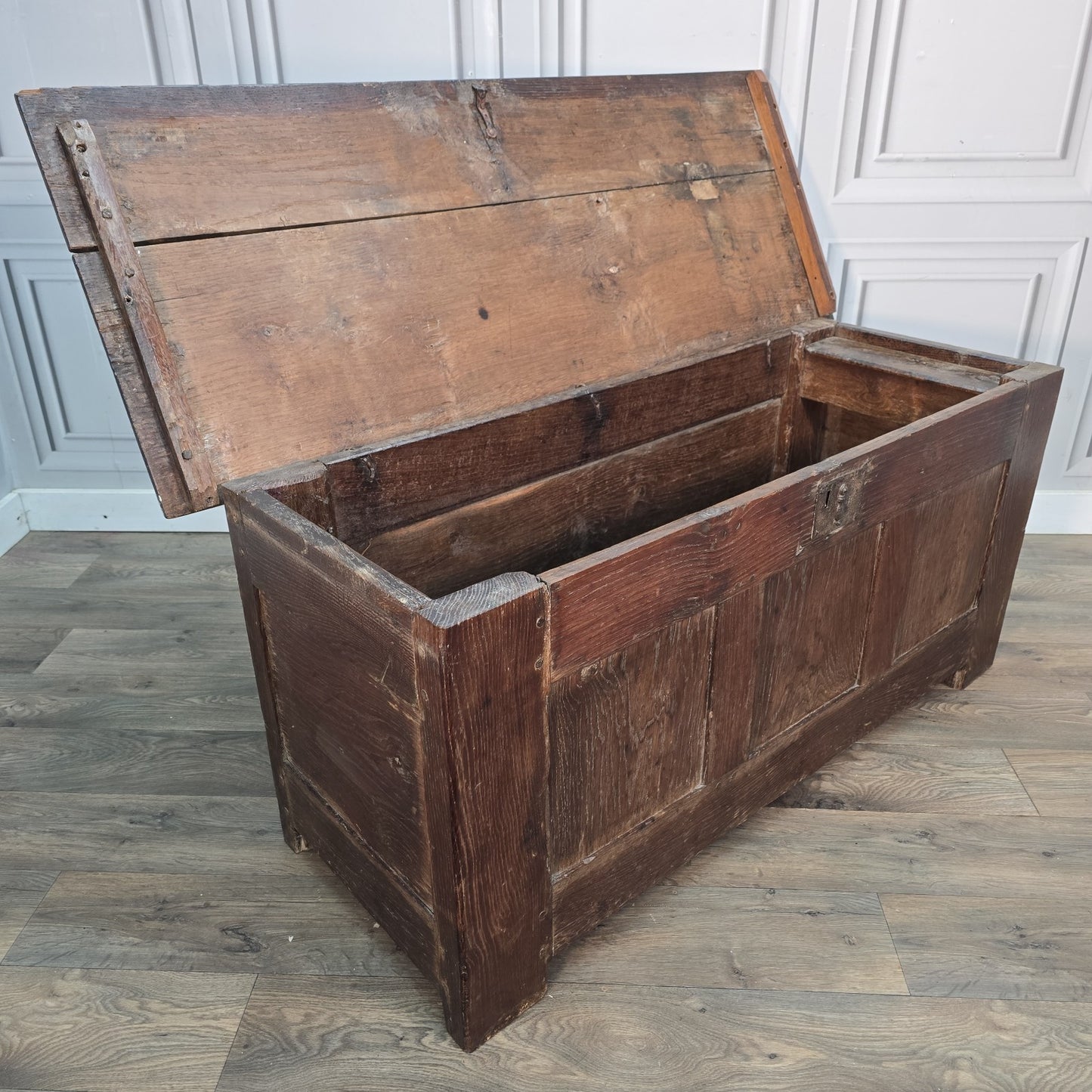 Antique Oak Coffer Trunk - Panelled Blanket Box Chest - 18th Century Solid Wood